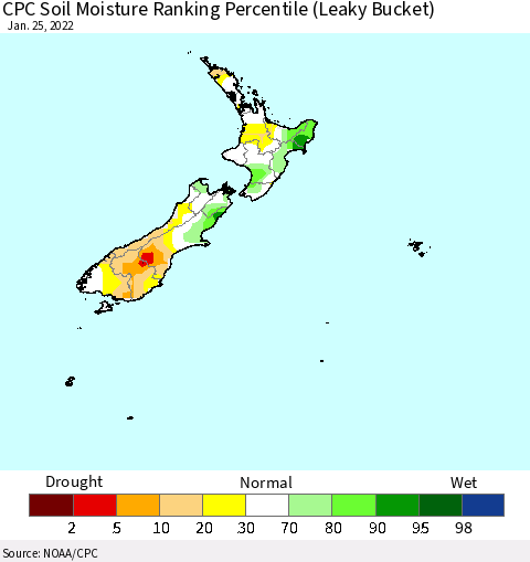 New Zealand CPC Soil Moisture Ranking Percentile (Leaky Bucket) Thematic Map For 1/21/2022 - 1/25/2022