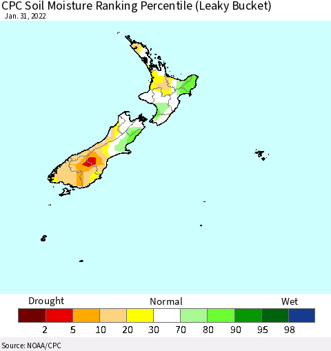 New Zealand CPC Soil Moisture Ranking Percentile (Leaky Bucket) Thematic Map For 1/26/2022 - 1/31/2022