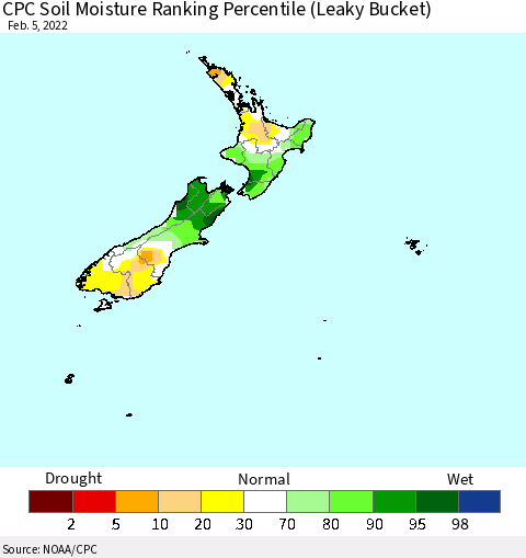 New Zealand CPC Soil Moisture Ranking Percentile (Leaky Bucket) Thematic Map For 2/1/2022 - 2/5/2022