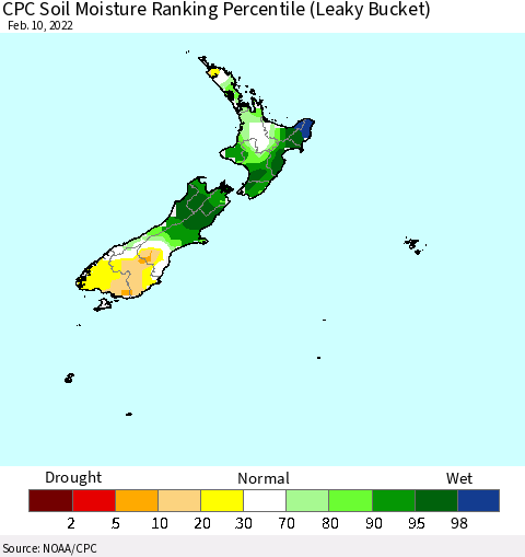 New Zealand CPC Soil Moisture Ranking Percentile (Leaky Bucket) Thematic Map For 2/6/2022 - 2/10/2022