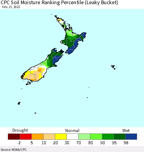 New Zealand CPC Soil Moisture Ranking Percentile (Leaky Bucket) Thematic Map For 2/11/2022 - 2/15/2022