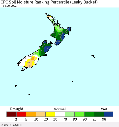 New Zealand CPC Soil Moisture Ranking Percentile (Leaky Bucket) Thematic Map For 2/16/2022 - 2/20/2022