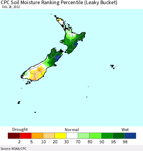 New Zealand CPC Soil Moisture Ranking Percentile (Leaky Bucket) Thematic Map For 2/26/2022 - 2/28/2022