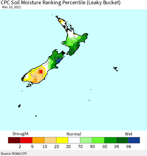 New Zealand CPC Soil Moisture Ranking Percentile (Leaky Bucket) Thematic Map For 3/6/2022 - 3/10/2022