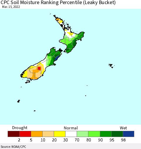 New Zealand CPC Soil Moisture Ranking Percentile (Leaky Bucket) Thematic Map For 3/11/2022 - 3/15/2022