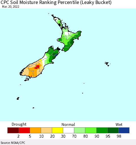 New Zealand CPC Soil Moisture Ranking Percentile (Leaky Bucket) Thematic Map For 3/16/2022 - 3/20/2022