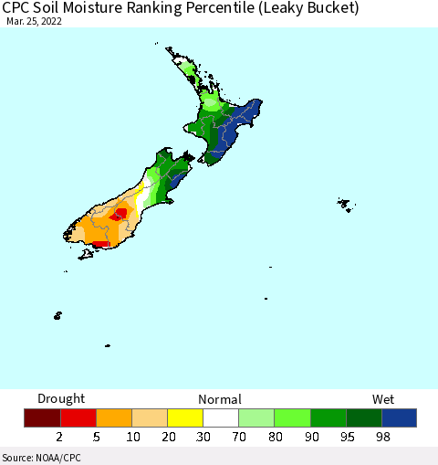 New Zealand CPC Soil Moisture Ranking Percentile (Leaky Bucket) Thematic Map For 3/21/2022 - 3/25/2022