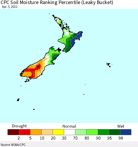 New Zealand CPC Soil Moisture Ranking Percentile (Leaky Bucket) Thematic Map For 4/1/2022 - 4/5/2022