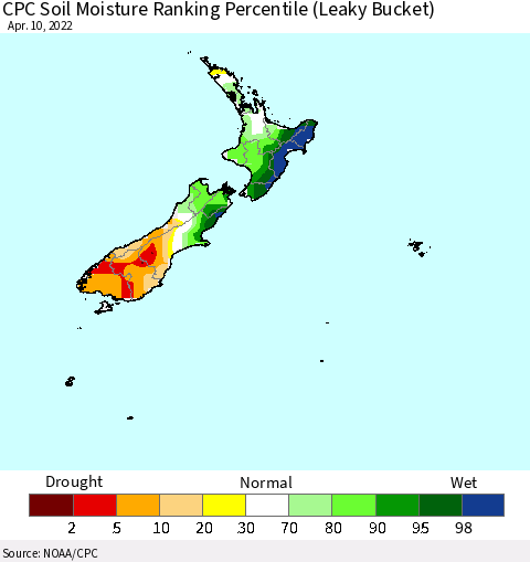 New Zealand CPC Soil Moisture Ranking Percentile (Leaky Bucket) Thematic Map For 4/6/2022 - 4/10/2022