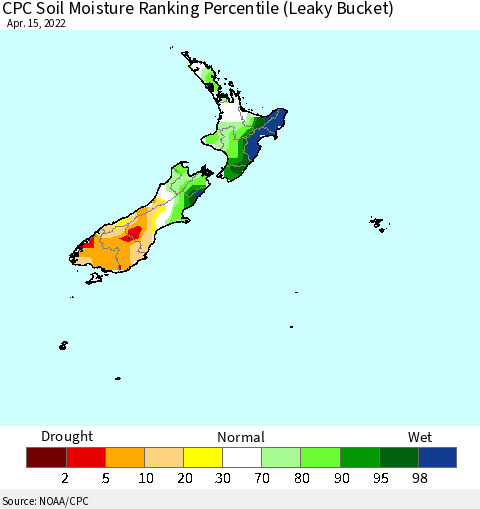 New Zealand CPC Soil Moisture Ranking Percentile (Leaky Bucket) Thematic Map For 4/11/2022 - 4/15/2022