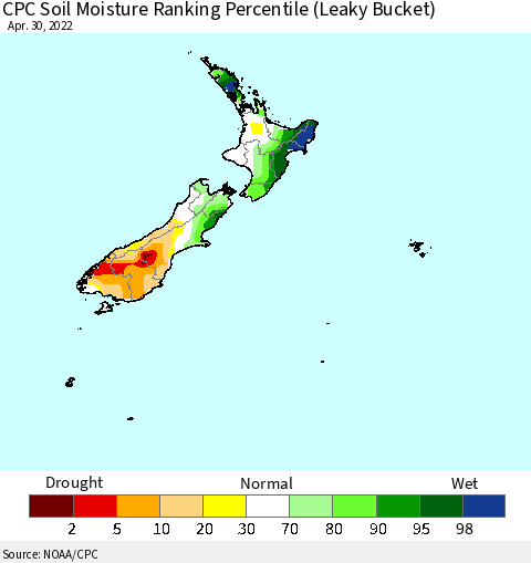 New Zealand CPC Soil Moisture Ranking Percentile (Leaky Bucket) Thematic Map For 4/26/2022 - 4/30/2022