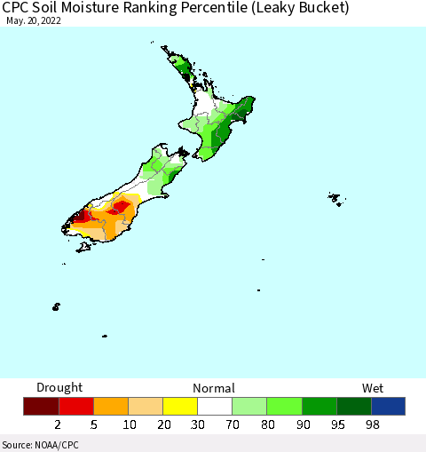 New Zealand CPC Soil Moisture Ranking Percentile (Leaky Bucket) Thematic Map For 5/16/2022 - 5/20/2022