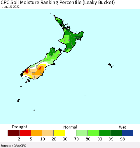 New Zealand CPC Soil Moisture Ranking Percentile (Leaky Bucket) Thematic Map For 6/11/2022 - 6/15/2022