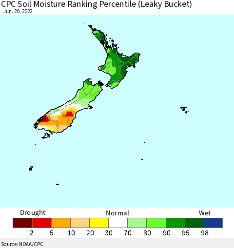 New Zealand CPC Soil Moisture Ranking Percentile (Leaky Bucket) Thematic Map For 6/16/2022 - 6/20/2022
