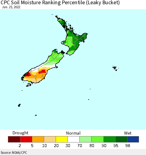 New Zealand CPC Soil Moisture Ranking Percentile (Leaky Bucket) Thematic Map For 6/21/2022 - 6/25/2022