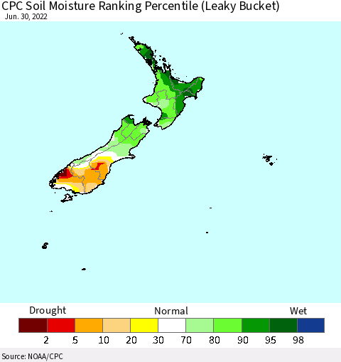 New Zealand CPC Soil Moisture Ranking Percentile (Leaky Bucket) Thematic Map For 6/26/2022 - 6/30/2022