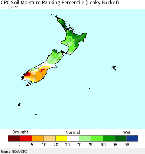 New Zealand CPC Soil Moisture Ranking Percentile (Leaky Bucket) Thematic Map For 7/1/2022 - 7/5/2022