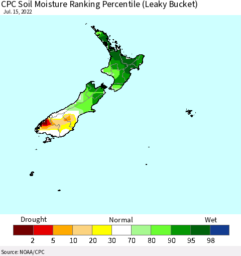 New Zealand CPC Soil Moisture Ranking Percentile (Leaky Bucket) Thematic Map For 7/11/2022 - 7/15/2022