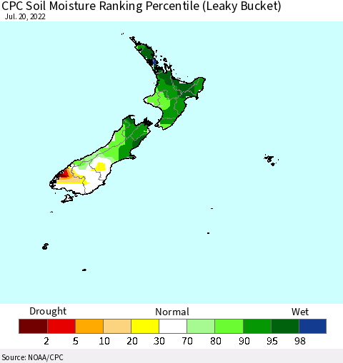 New Zealand CPC Soil Moisture Ranking Percentile (Leaky Bucket) Thematic Map For 7/16/2022 - 7/20/2022