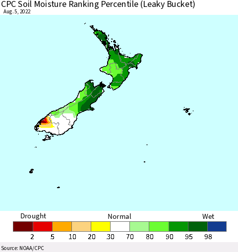 New Zealand CPC Soil Moisture Ranking Percentile (Leaky Bucket) Thematic Map For 8/1/2022 - 8/5/2022