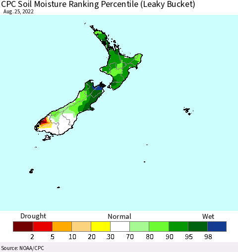 New Zealand CPC Soil Moisture Ranking Percentile (Leaky Bucket) Thematic Map For 8/21/2022 - 8/25/2022