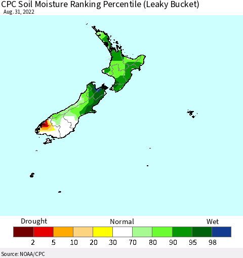 New Zealand CPC Soil Moisture Ranking Percentile (Leaky Bucket) Thematic Map For 8/26/2022 - 8/31/2022