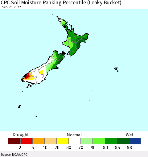 New Zealand CPC Soil Moisture Ranking Percentile (Leaky Bucket) Thematic Map For 9/21/2022 - 9/25/2022