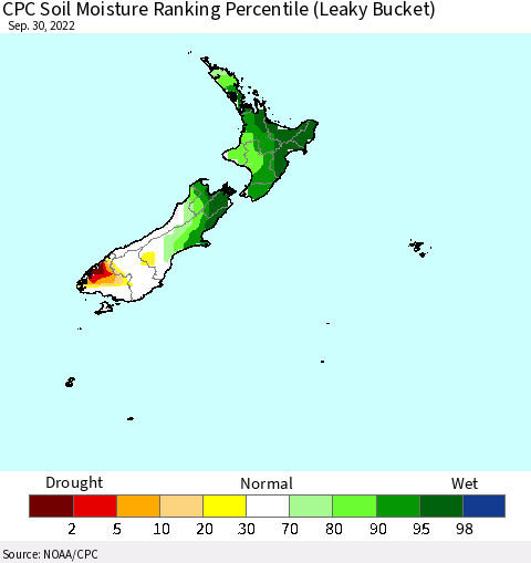 New Zealand CPC Soil Moisture Ranking Percentile (Leaky Bucket) Thematic Map For 9/26/2022 - 9/30/2022