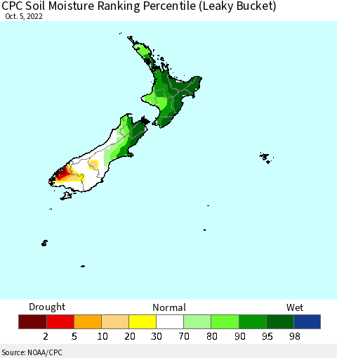 New Zealand CPC Soil Moisture Ranking Percentile (Leaky Bucket) Thematic Map For 10/1/2022 - 10/5/2022