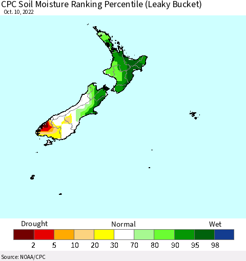 New Zealand CPC Soil Moisture Ranking Percentile (Leaky Bucket) Thematic Map For 10/6/2022 - 10/10/2022