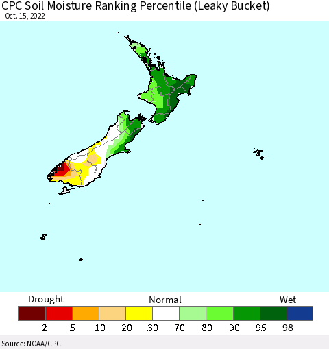 New Zealand CPC Soil Moisture Ranking Percentile (Leaky Bucket) Thematic Map For 10/11/2022 - 10/15/2022