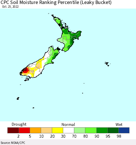 New Zealand CPC Soil Moisture Ranking Percentile (Leaky Bucket) Thematic Map For 10/21/2022 - 10/25/2022