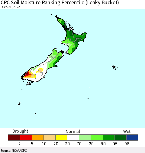 New Zealand CPC Soil Moisture Ranking Percentile (Leaky Bucket) Thematic Map For 10/26/2022 - 10/31/2022