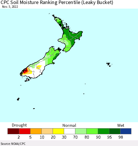 New Zealand CPC Soil Moisture Ranking Percentile (Leaky Bucket) Thematic Map For 11/1/2022 - 11/5/2022