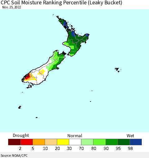New Zealand CPC Soil Moisture Ranking Percentile (Leaky Bucket) Thematic Map For 11/21/2022 - 11/25/2022