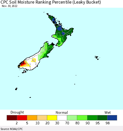 New Zealand CPC Soil Moisture Ranking Percentile (Leaky Bucket) Thematic Map For 11/26/2022 - 11/30/2022