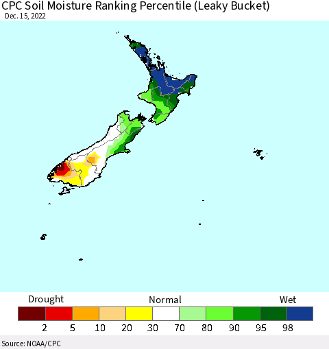 New Zealand CPC Soil Moisture Ranking Percentile (Leaky Bucket) Thematic Map For 12/11/2022 - 12/15/2022