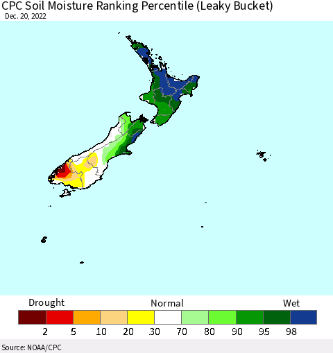 New Zealand CPC Soil Moisture Ranking Percentile (Leaky Bucket) Thematic Map For 12/16/2022 - 12/20/2022