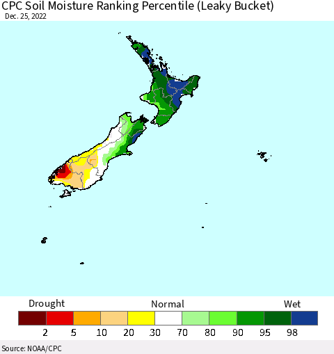 New Zealand CPC Soil Moisture Ranking Percentile (Leaky Bucket) Thematic Map For 12/21/2022 - 12/25/2022