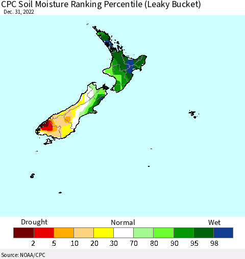 New Zealand CPC Soil Moisture Ranking Percentile (Leaky Bucket) Thematic Map For 12/26/2022 - 12/31/2022