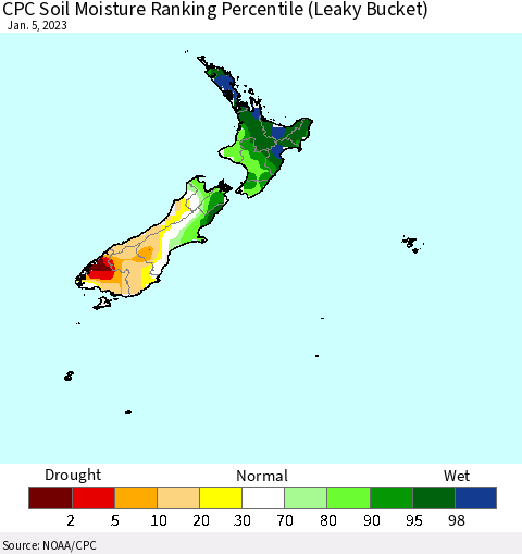 New Zealand CPC Soil Moisture Ranking Percentile (Leaky Bucket) Thematic Map For 1/1/2023 - 1/5/2023
