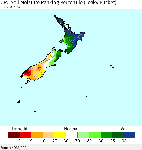 New Zealand CPC Soil Moisture Ranking Percentile (Leaky Bucket) Thematic Map For 1/6/2023 - 1/10/2023