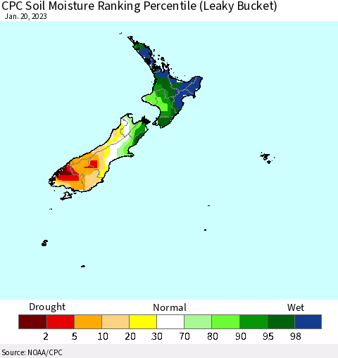 New Zealand CPC Soil Moisture Ranking Percentile (Leaky Bucket) Thematic Map For 1/16/2023 - 1/20/2023