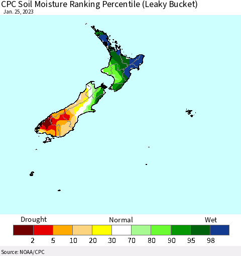 New Zealand CPC Soil Moisture Ranking Percentile (Leaky Bucket) Thematic Map For 1/21/2023 - 1/25/2023