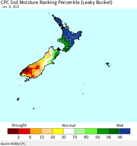New Zealand CPC Soil Moisture Ranking Percentile (Leaky Bucket) Thematic Map For 1/26/2023 - 1/31/2023