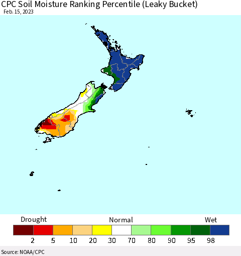 New Zealand CPC Soil Moisture Ranking Percentile (Leaky Bucket) Thematic Map For 2/11/2023 - 2/15/2023