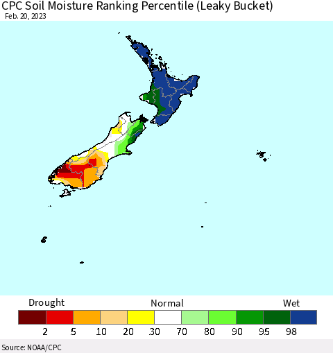 New Zealand CPC Soil Moisture Ranking Percentile (Leaky Bucket) Thematic Map For 2/16/2023 - 2/20/2023