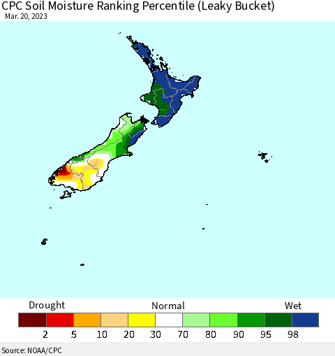 New Zealand CPC Soil Moisture Ranking Percentile (Leaky Bucket) Thematic Map For 3/16/2023 - 3/20/2023
