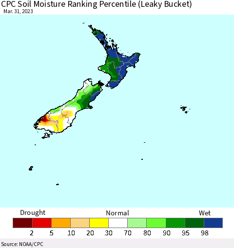 New Zealand CPC Soil Moisture Ranking Percentile (Leaky Bucket) Thematic Map For 3/26/2023 - 3/31/2023