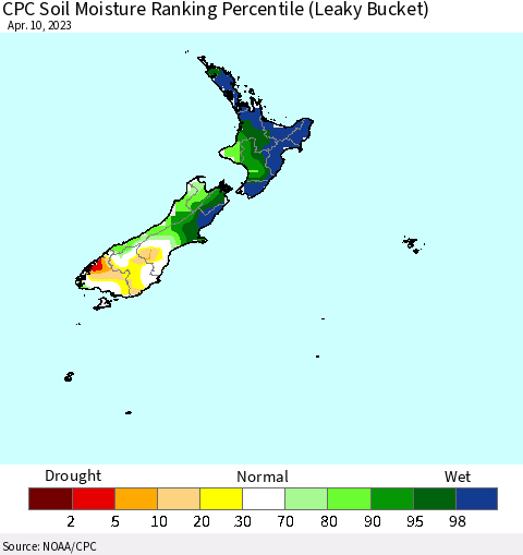 New Zealand CPC Soil Moisture Ranking Percentile (Leaky Bucket) Thematic Map For 4/6/2023 - 4/10/2023